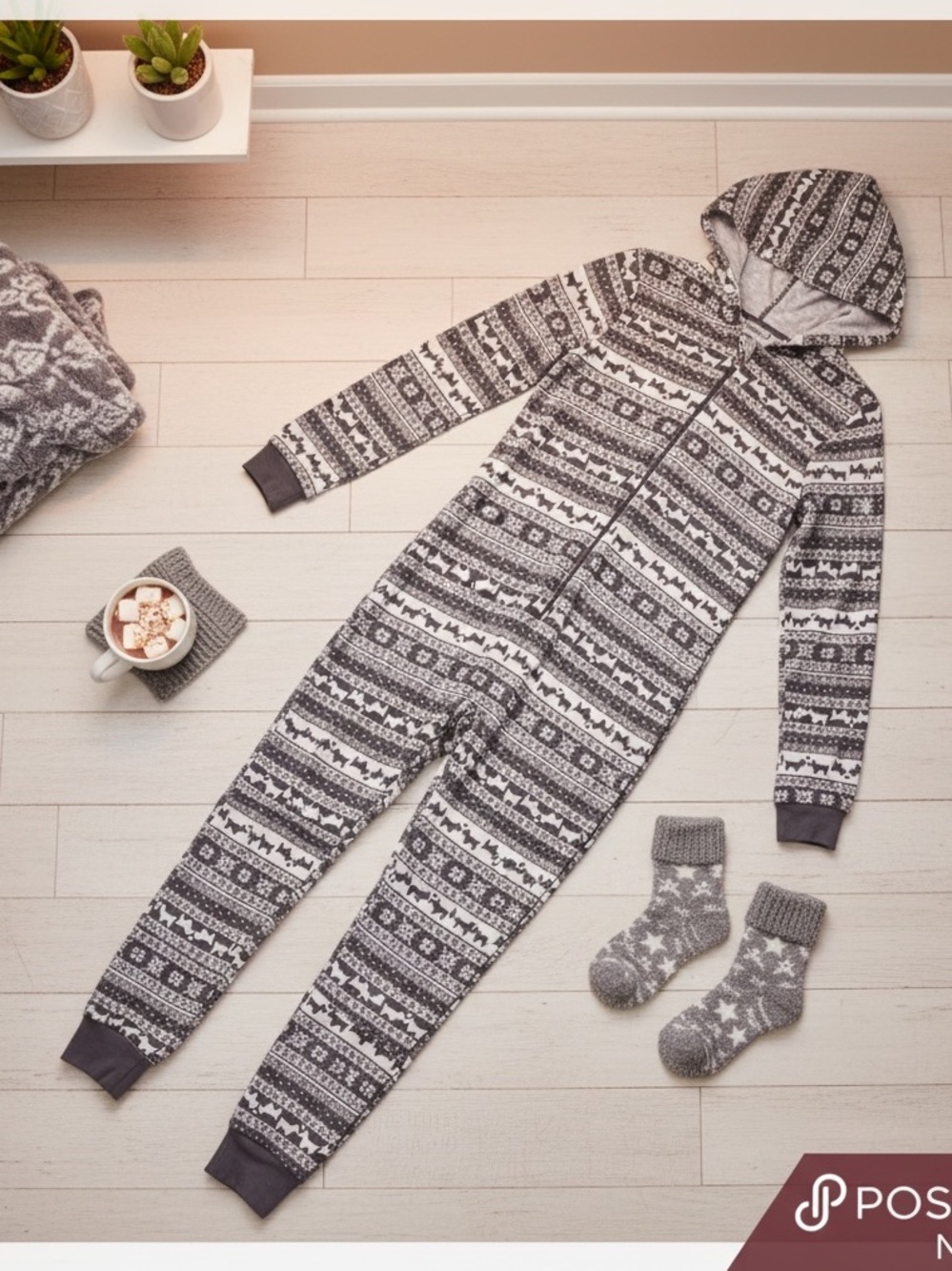 Emily & Jane Fair Isle Dog Print Hooded One Piece Pajamas NWT Medium
